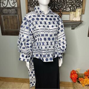 Garcia Blue White Balloon Cuffed Sleeves Semi Sheer Jacket Blouse With Tails XXL